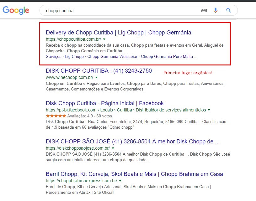 Ranqueamento para o principal termo de busca.