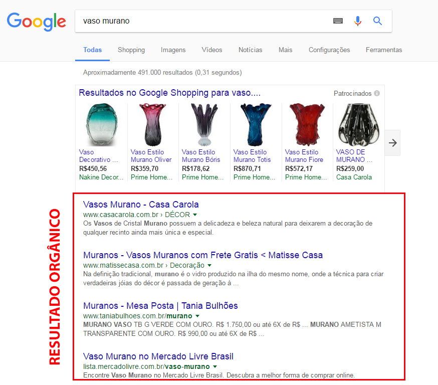 Exemplo de resultado orgânico do Google
