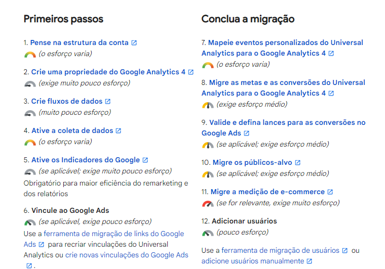 Imagem print da tela de passo a passo para migração do Google Analytic para a versão nova