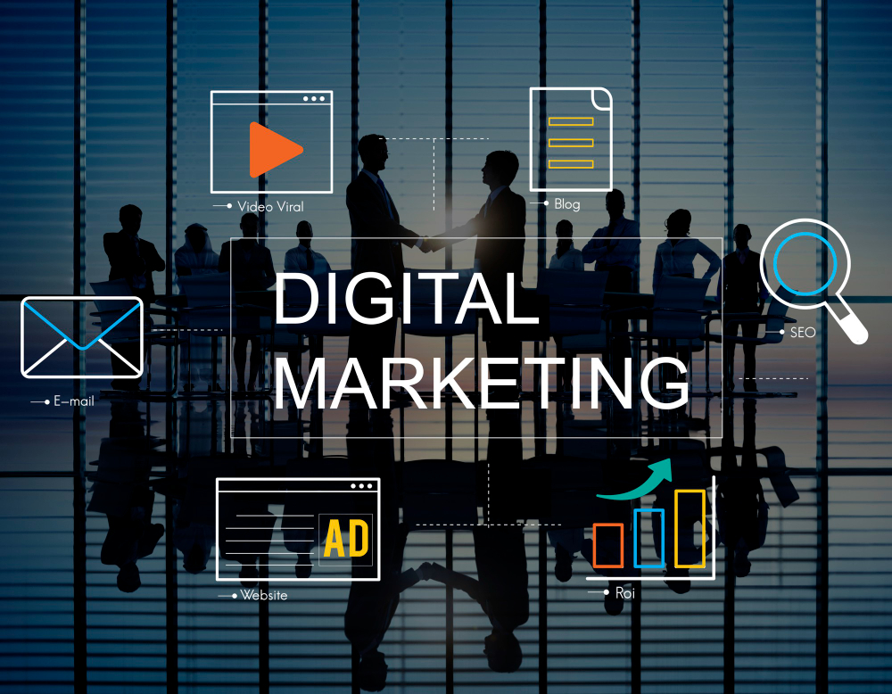 A imagem mostra um slide sobre marketing digital